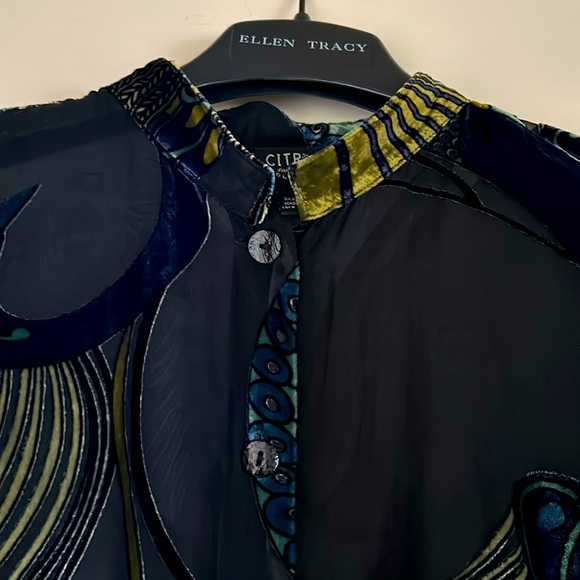 NWOT.  Citron vibrant & sheer blouse. Lightweight with a peacock colored design. - Picture 3 of 11